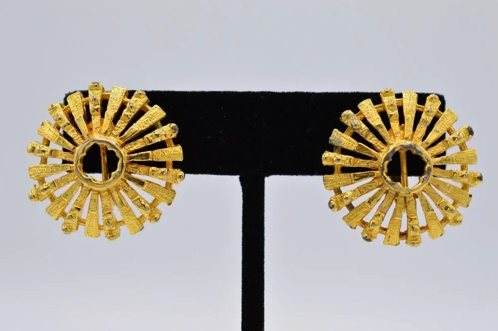 Celebrity Vintage Clip On Earrings Brushed Gold Abstract Chunky Signed 1980s 9E